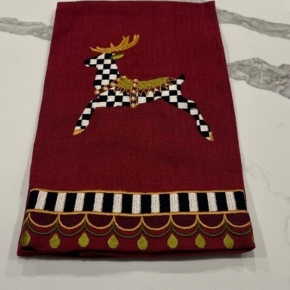 NWOT Mackenzie Childs Courtly Check Holiday Deer Hand Towel